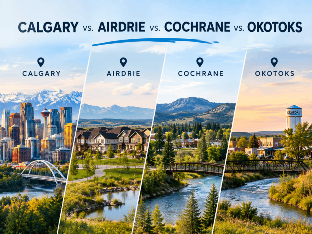 Side-by-side comparison graphic of Calgary, Airdrie, Cochrane, and Okotoks for homebuyers weighing nearby communities