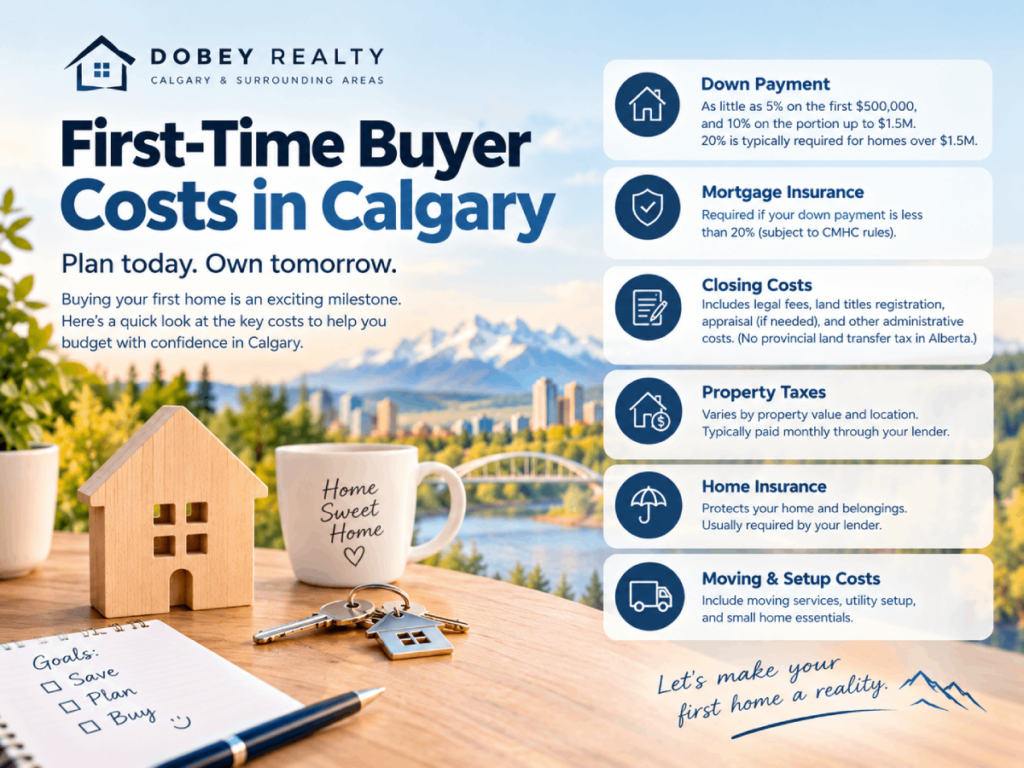 Infographic listing first-time home buyer costs in Calgary, including down payment, closing costs, and property taxes