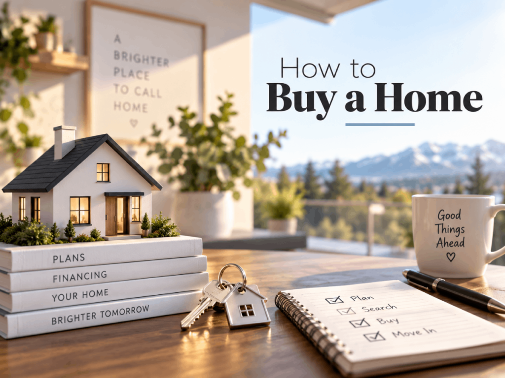 Notebook, small house model, and keys on a desk illustrating the steps to buying a home