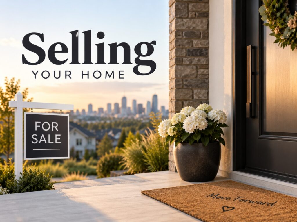 Front door of a home with a For Sale sign, illustrating selling your home in Calgary (YYC)